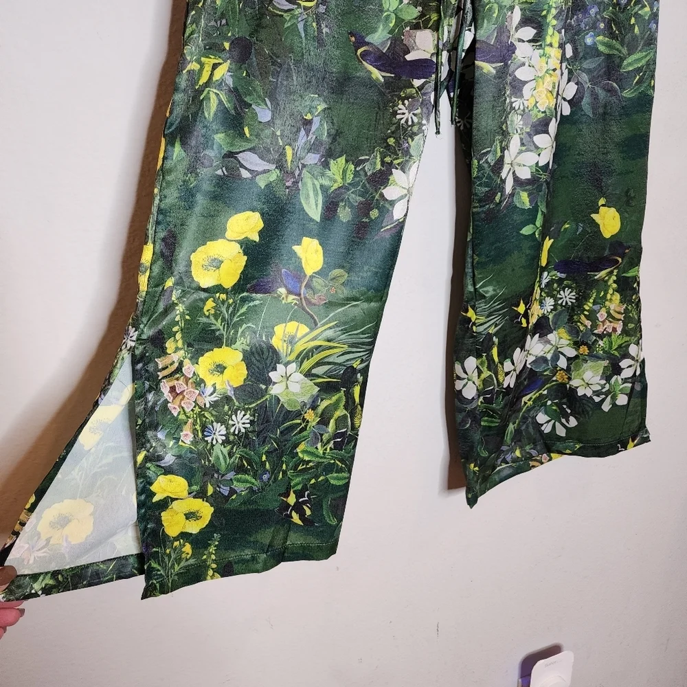 NWT Ted Baker Satin 2 Piece Pajama Set Boxy Green Botanical Birds Size Large